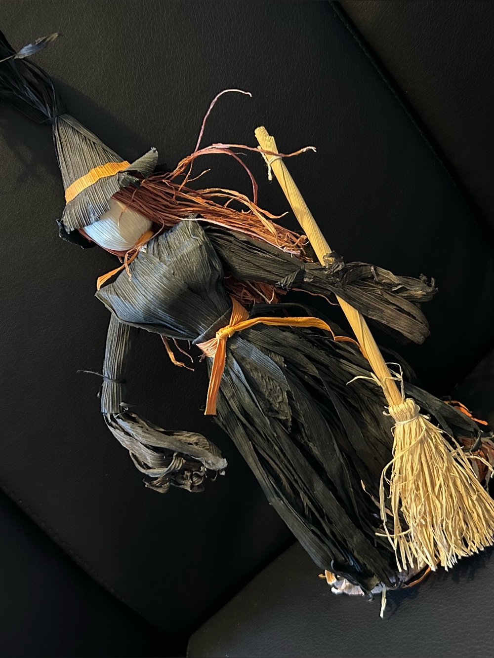 Halloween Corn Husk Witch Doll Black & Orange With Broom & Hat on Wood Base 12”